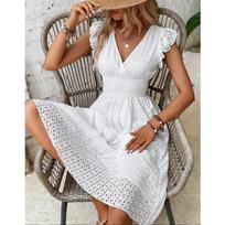 Women Plus Size V Neck Solid Jacquard Hollow Out Midi A Line Dress S