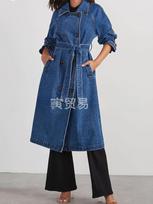 New In Autumn Winter Women's Denim Cotton Solid Color Double Pocket Long Sleeve Loose Tie Closure Coat S