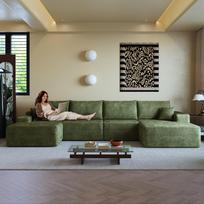 340cm Modulinė kampinė sofa be porankių, su L formos reclineriu, su gilia sėdimąja dalimi, nereikia surinkti, suspaudžiamos sofos svetainei, žalia 270 x 175 x 83 cm žalia