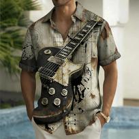 Rock Essential: Short Sleeve Shirt, Vintage Guitar Graphic for Music Lovers S gray