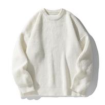 Men Loose Solid Color Crew Neck Vintage Thick Knit Sweater Casual Outerwear S