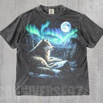 Vintage Lone Wolf 90s Graphic Style T-Shirt,Alpha Wolf Moon Shirt,Vintage Forest Adventure Top,2000s Nature Polar Lights Shirt 130