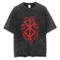 Hot Anime Berserk Logo Graphic Washed Printed T-Shirt Men Vintage Gothic Tshirts Casual Cotton T Shirt Harajuku Male Manga Tops 3XL blue