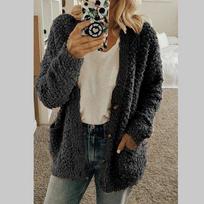 Women's Winter Fashion Solid Color Cardigan Plush Casual Loose Long-sleeved Button Coat 3XL gray