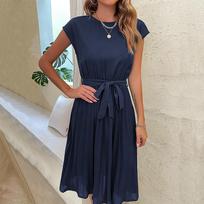 Women's Fashion Summer Spring Solid Color Print Short Sleeve O-Neck Casual Dresses S