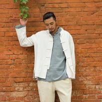 Spring Men's Linen Cotton Placket Long-sleeved Casual Solid Color Tang Suit Stand-up Collar Casual Loose Shirt M