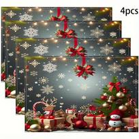 4-Piece Christmas-Themed Waterproof Placemats Easy-Clean Family Gatherings Christmas Parties Holiday Table Decor 4PCS gray