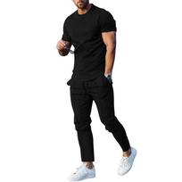 Men Solid Black 2 Piece Tracksuit Crew Neck Curved Hem Short Sleeve T-shirt Drawstring Ankle Pants Casual Outfit Set M black