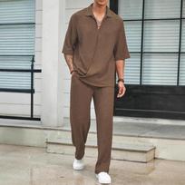 2024 Men's Solid Color Short Sleeve Shirt & Long Pants Two-Piece Casual Set XL