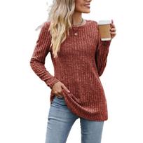 Casual Autumn/Winter Long Sleeve O-Neck Solid Color Ribbed Top S