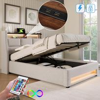 Upholstered Bed with USB 90x200cm, LED Single Bed with Slatted Base made of Metal Frame, Bed Frame Linen Material Youth Bed (Without Mattress) 210 x 95 x 117 cm smėlis