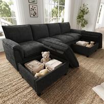 U formos modulinė debesų sofa, kampinė sofa su gilia sėdėjimo dalimi, su 2 kilnojamais pufais, aukšta atlošas, juoda, matmenys: P264,5/G142,5/A84 cm 264.5 x 142.5 x 84 cm juoda