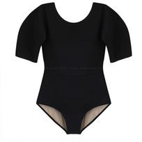 Womens Solid Color Conservative One-Piece Swimsuit With Built-in Pad Tummy Control Mid-Sleeve Hot Swimming Medium black