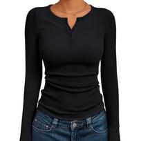 YYFS Women's Fashion Casual Spring Autumn Solid Color Print Long Sleeve V-Neck Blouses & Shirts S black