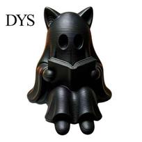 PLA Plastic Craft 3D Printed Cat Ghost Figurine with Book, Spooky Shelf Sitter Ornament for Creative Gift Collectors Halloween Home Decor, Cute balta