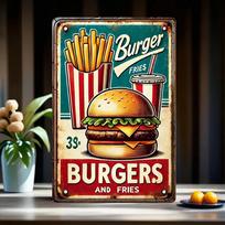 Vintage Burgers and Fries Metal Tin Sign  x Iron Wall Art Restaurant Cafe Bar Decor Retro Plaque 20x30cm（7.8x11.8inch） blue