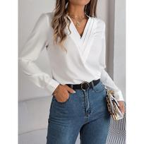 HNXC Elegant Solid-color Layered V-neck Long-sleeved Women's Shirt for Autumn and Winter S