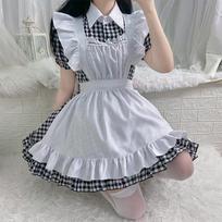 Japanese anime maid outfit restaurant cafe plaid dress cosplay costume suit M white