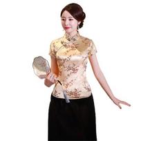 Moteriški Cheongsam marškinėliai Kinietiško stiliaus slyvų raštai Vasaros rudens išskirtinės sagtys stovi apykakle Cheongsam viršutinė dalis vestuvėms XL beige