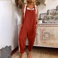 women's Adjustable Strap Solid Cotton Linen Loose Wide Leg Overalls Jumpsuit with Pockets S