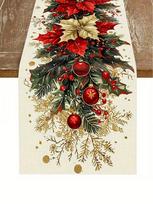 Kalėdinė puansetija ir holly staltiesė Šventinis raudonai auksinis ornamentas Šventinio valgomojo stalo dekoravimui Aukštos kokybės patvari 33x180cm black