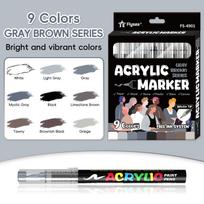 9 Colors Gray Brown Series Acrylic Paint Pens Set with Soft Brush Tip, Marker Pen for Rock Painting, Egg, Wood, Glass, Paper gray