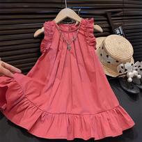 Girls Summer Pure Cotton Princess Vest Dress Solid Ruffled Edge Sleeveless Dress For Kids 90cm