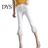 Stretchy Leggings Women Cropped Pants Solid Color High Elastic Summer Flared Comfortable Tight Lace Stitching Trim with Pockets Butt Lifting S white
