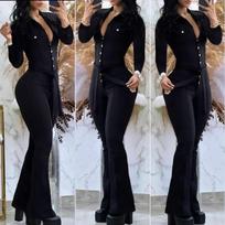 QICED Women's Fashion Casual Solid Color Print Autumn Winter Long Sleeve Suspenders trousers Jumpsuits & Rompers S