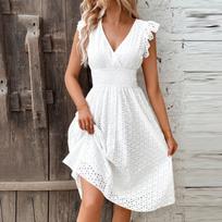 Women's Fashion Mid-Length Lace Hollow V-Neck Solid Color Casual Dresses XL