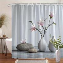 1 Elegant White Magnolia Shower Curtain, Matte Finish, Ceramic Vase And Pink Flowers Design, Polyester Fabric, With Hooks W60H190(CM)-1 Pcs gray