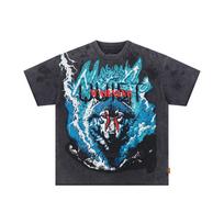 Unisex Vintage Washed T-Shirt, Wolf Head & Blue Flame Print,  Warning  Graphic, Oversized Streetwear Tee S blue