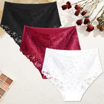 FINETOO 3Pcs Women Mid-Rise Lace Panties Sexy Solid Color Lace Trim Underwear Female Luxury Hollow Out Briefs Cozy Breathable Lingerie S brown