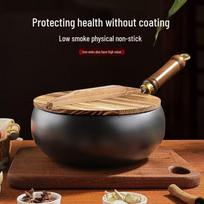 New Large Belly Non-stick Iron Stir-fry Pot, 24CM Flat Bottom, Smooth Surface, for Household Stew and Stir-fry 24cm Wooden Lid Hammered juoda