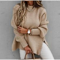 VEZFAA Women's Fashion Casual Fall Winter Solid Color Print Long Sleeve O-Neck Sweaters S