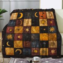 1pc Vintage Celestial Moon And Stars Sun Print Flannel Throw Blanket - Cozy Soft Polyester Fleece for Sofa, Bed, Office, Car, Camping, Travel - All-Se 100X150CM brown