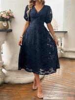 V Neck Lace Flower Dress Women Casual Solid Color Long Dresses Elegant Short Sleeve  Dress S white