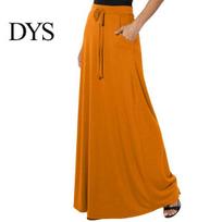 Long Skirt Women Maxi Adjustable Drawstring High-Waisted Solid Color Casual with Pockets Work L