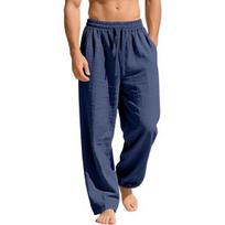 Mens Linen Wide Legs Pants Summer Solid Color Loose Casual Pants Breathable Drawstring Elastic Waist Straight Trousers with Pockets S blue