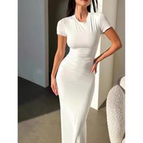 Women Solid Color High Waist Bodycon Slim Fit Short Sleeve Long Dress S