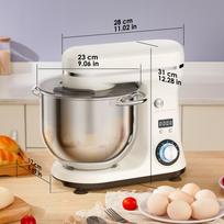 Biolomix stacionarus maišytuvas, 1200 W DC tylus variklis, 6 l nerūdijančio plieno dubuo, 6+ pulsavimo greičiai, elektrinis virtuvės maišytuvas su LCD laikmačiu, tešlos kabliai, plakiklis, šluotelė balta
