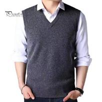 Male Knitted Vest Mid-aged Men Sweater Solid Color V-neck Sleeveless Knitting Basic Tank Top Pullover Waistcoat Slim Fit Ribbed Cuffs L gray