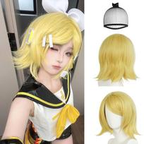 Kagamine Rin perukas Moteriškas trumpas šviesiai geltonas banguotas perukas iki pečių šviesūs perukai trumpas Cosplay Helovino teminės vakarėlio kostiumas One Size geltona