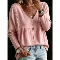 New autumn women's lace V-neck pullover solid color casual long-sleeved top S