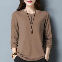 Spring Autumn Solid Color Women Simple Casual Loose Button All Match Basic T-shirt Solid O Neck Long Sleeve Pullover Tops XS