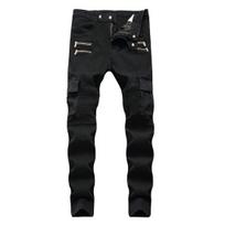 Motorcycle Cargo Pants Pleats Multi Pockets Solid Color Slim Fit Streetwear Hip Hop 28 black