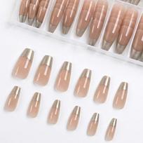 120Pcs/Box Nude Gold French Press On Nails 12Sizes Extra Trapezoid Full Cover Soft Gel False Nail Tips For Nail Extension onesize beige