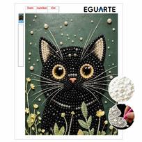 DIY Framed Pearl Bead Art Kit Black Cat Floral Pattern Sparkling Canvas Painting Relaxing Handmade Craft Gift for Home Wall Decor Hobbyists 30x40cm Without frame