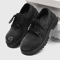 New men's washed denim casual big head leather shoes niche low-top heightening men's shoes Z31 39 black