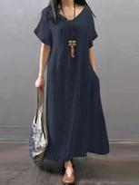 V-neck dress cotton and linen loose casual solid color pocket dress women's clothing S